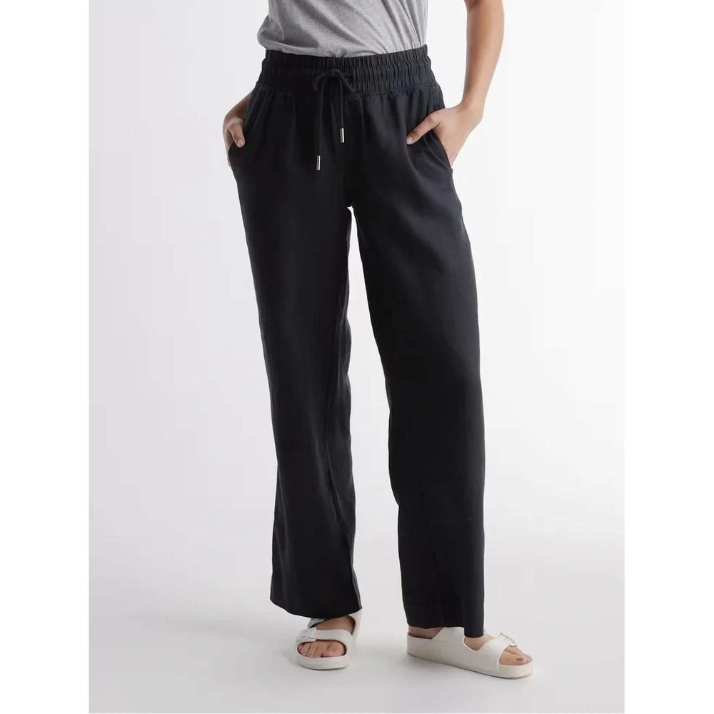 Quince 100% European Linen Wide Leg Pants Black Smocked Waist Drawstring M